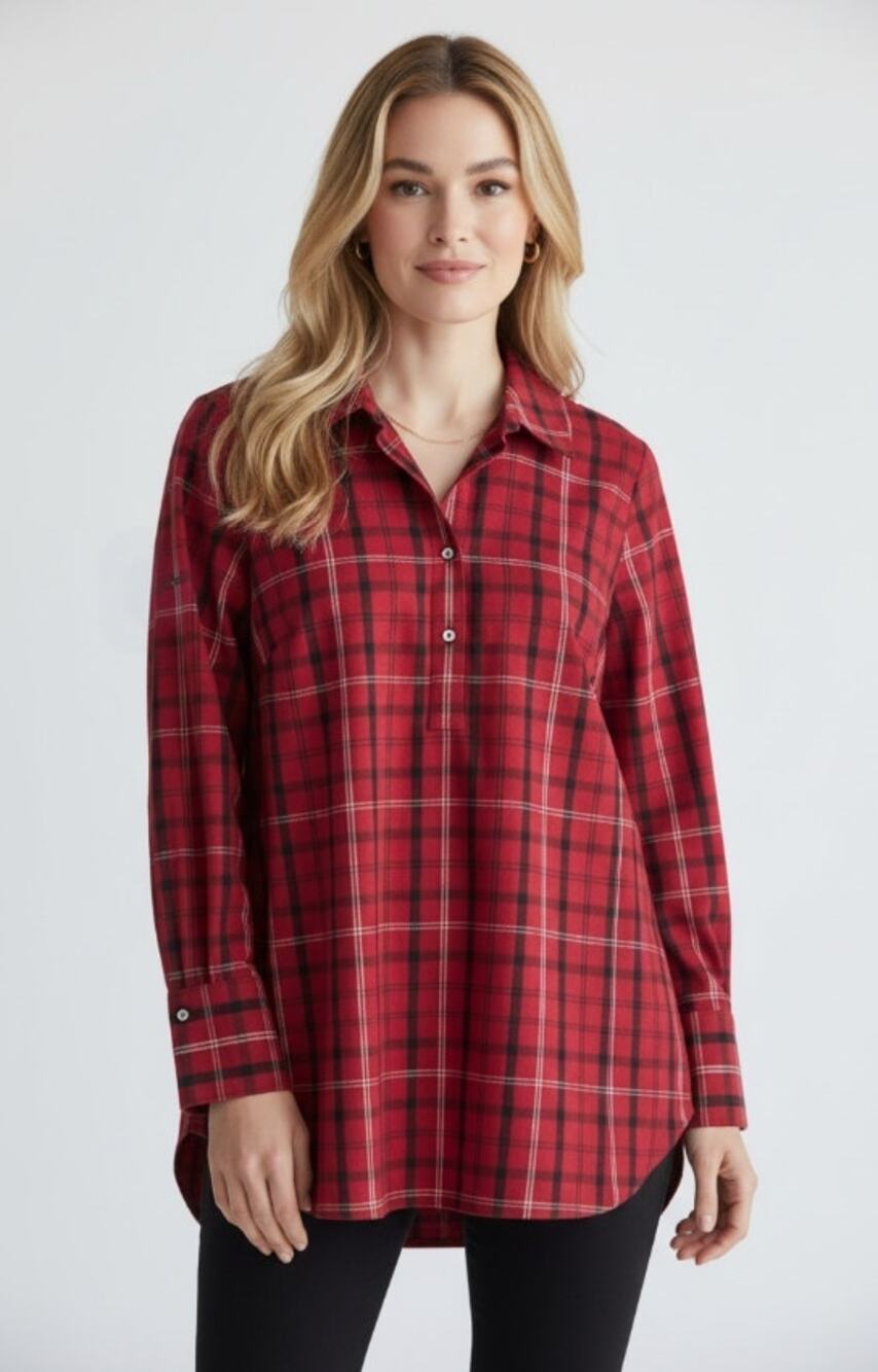 TALBOTS RED BLACK PLAID RHINESTONE BUTTON POPOVER TUNIC BLOUSE WOMENS SIZE 12